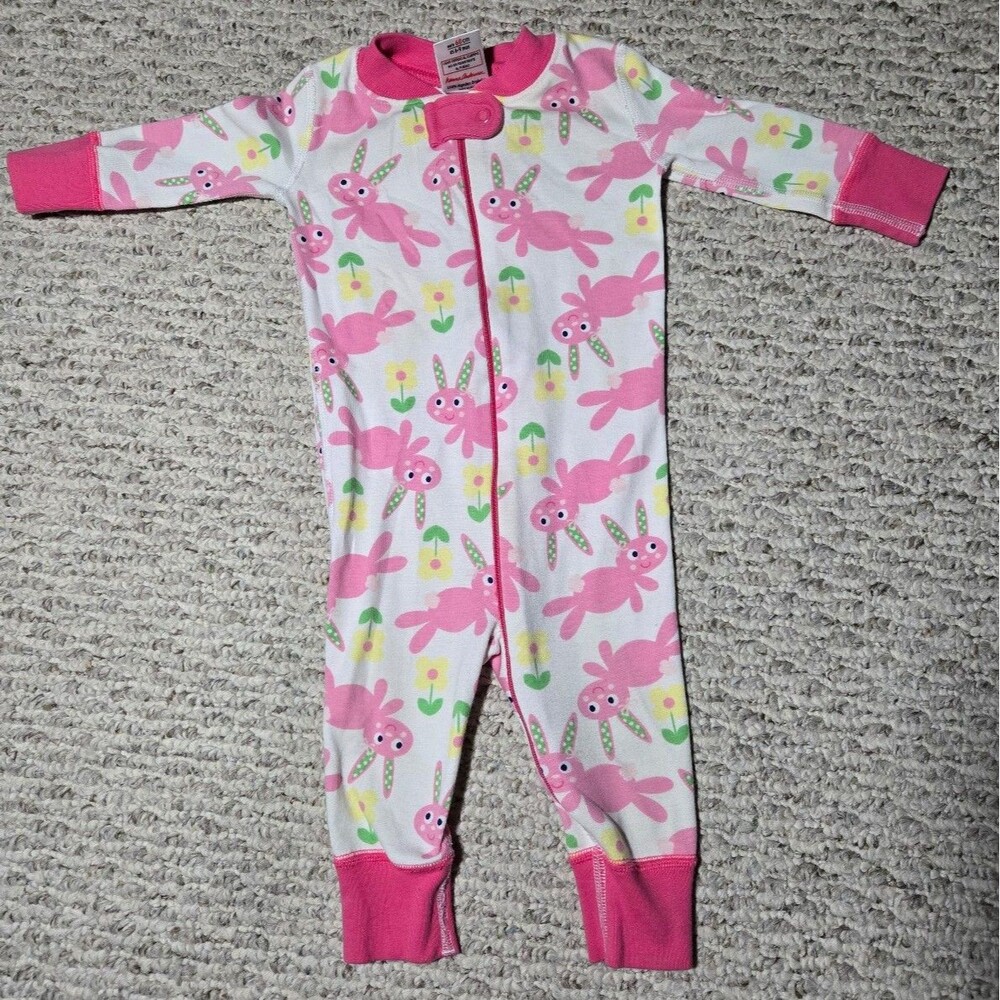 Hanna Andersson Zip Sleeper Onesie Bunnies Floral Pink White Baby 6-9 months